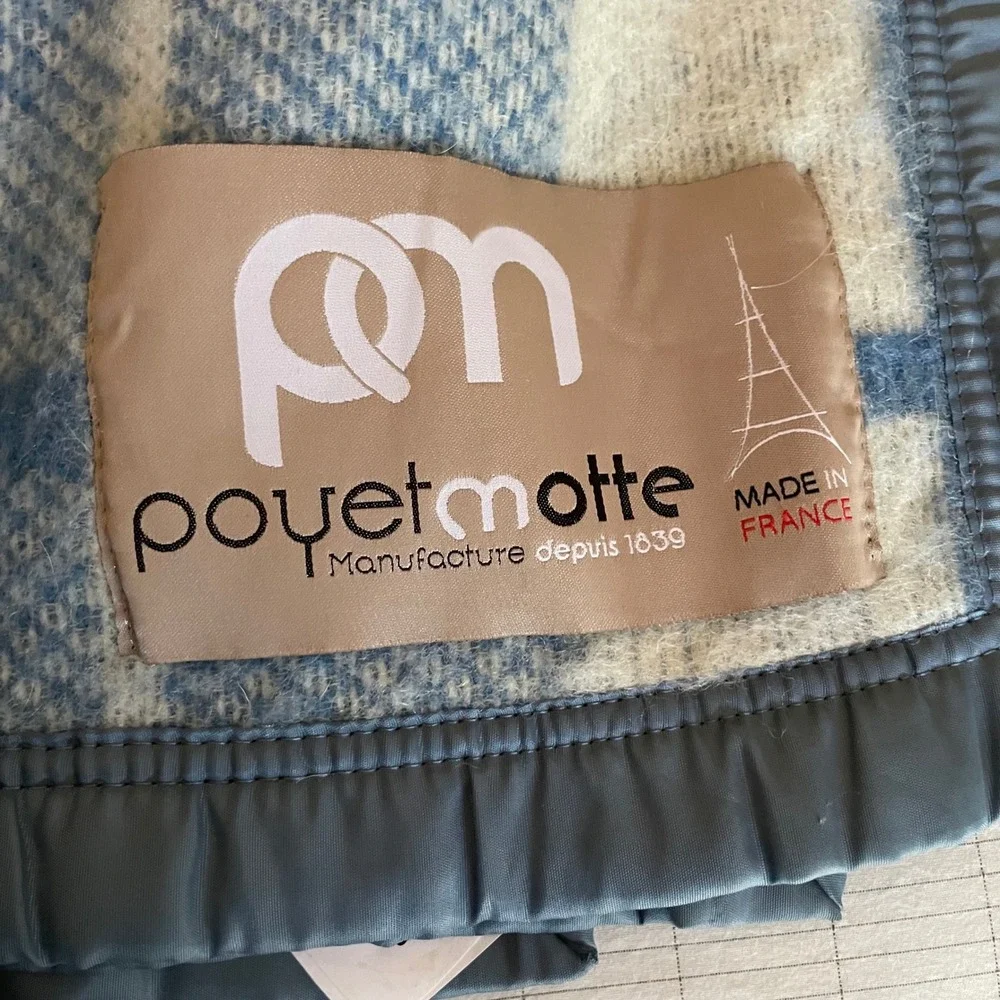 Vtg Poyet Motte France 100% Wool Blanket Size Queen Blue Plaid Woolmark 94x90